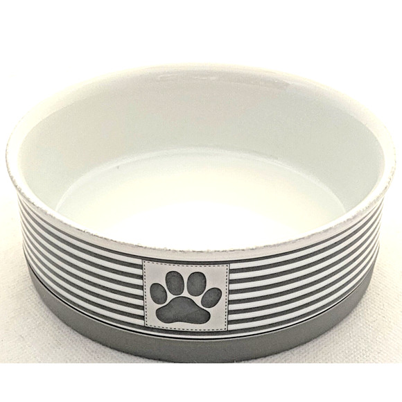DOG/PET BOWL-by BONE DRY-Gray & White-Stripes-Paw Decor-Rubber Bottom No Slip - Picture 1 of 7